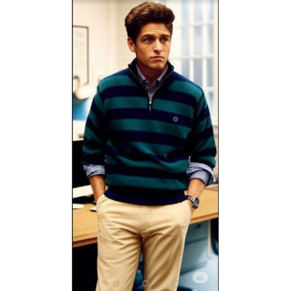 Chaps Striped Knit Pullover Sweater XL Navy & Green Cotton Quarter-Zip Mens Top